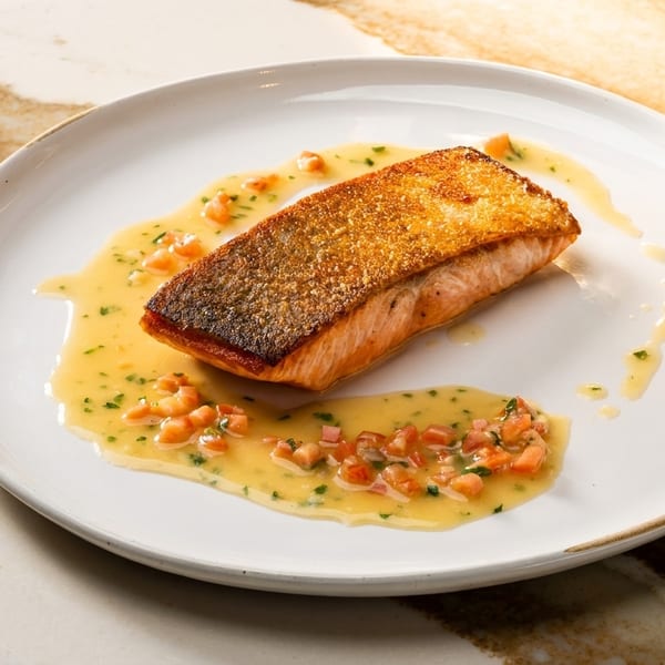 Crispy-skinned salmon fillet with a creamy sauce and diced tomatoes on a white plate.
