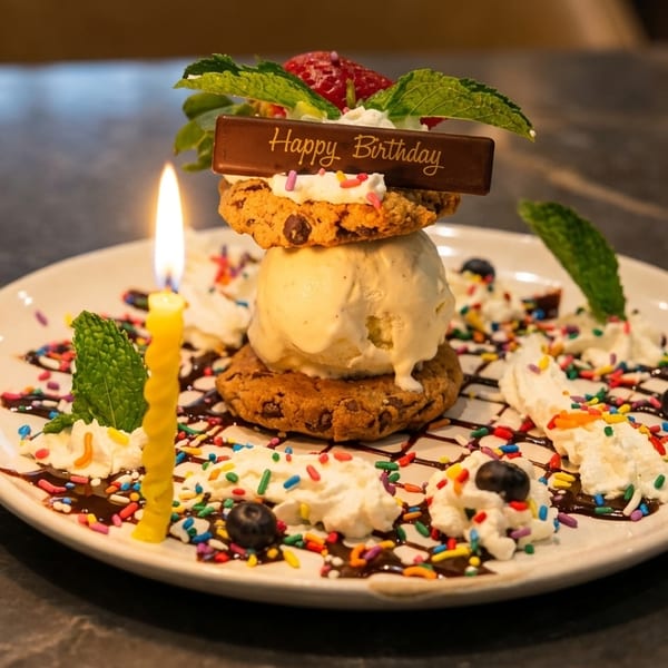Birthday dessert with a scoop of ice cream between two chocolate chip cookies, topped with a lit candle.