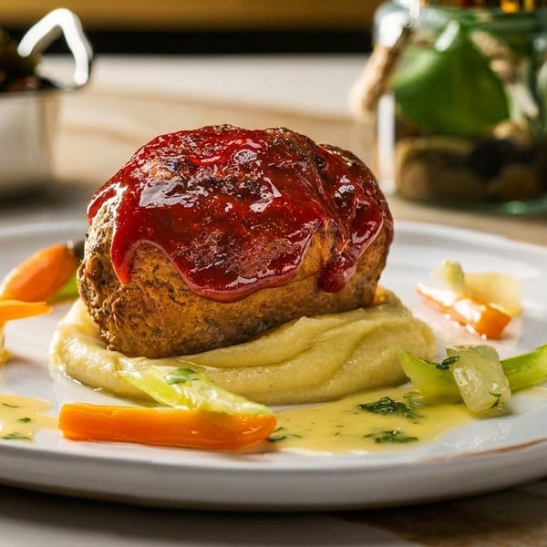 Meatloaf with red glaze, mashed potatoes, and vegetables on a white plate.